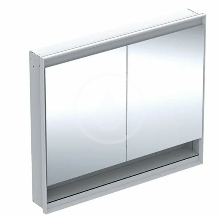 Zrkadlová skrinka s LED osvetlením, 1050x900x150 mm, 2 dvierka, s nikou, vstavaná, hliník