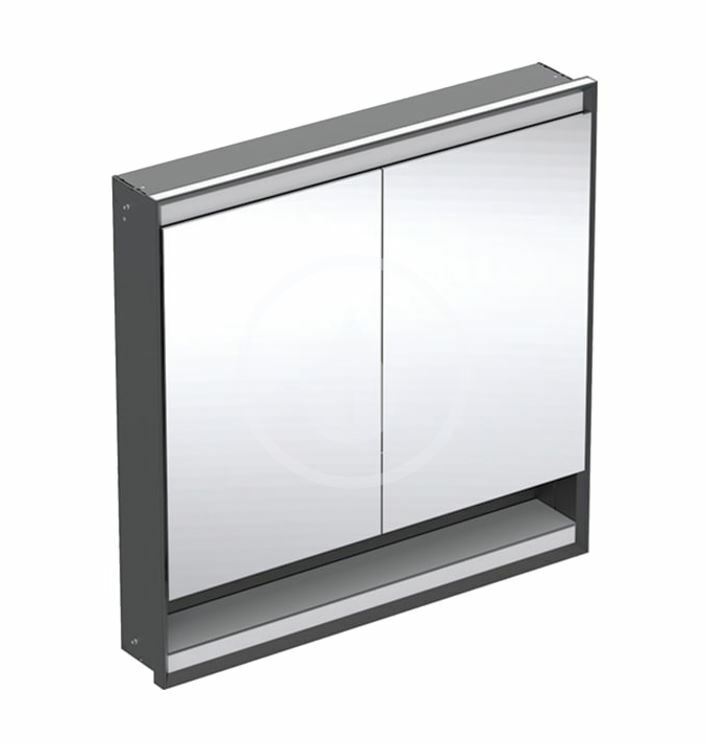 Zrkadlová skrinka s LED osvetlením, 900x900x150 mm, 2 dvierka, s nikou, vstavaná, matná čierna