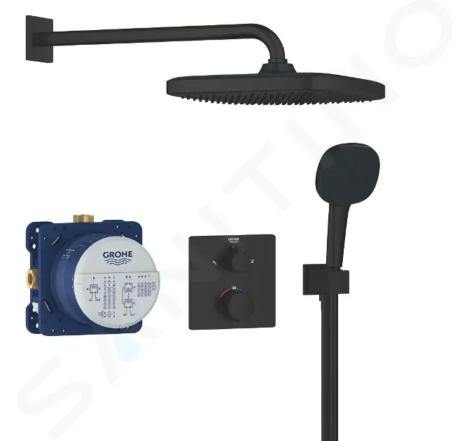 Sprchový set s termostatom pod omietku, s telesom, 25x25 cm, 2 prúdy, matná čierna